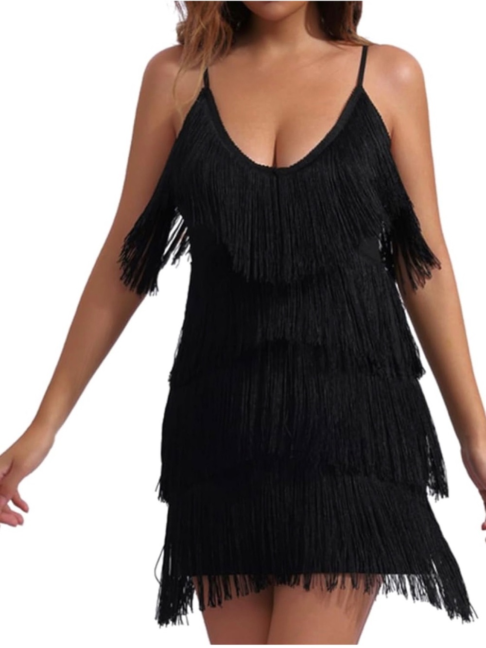Black Fringe Spaghetti Strap Mini Dress